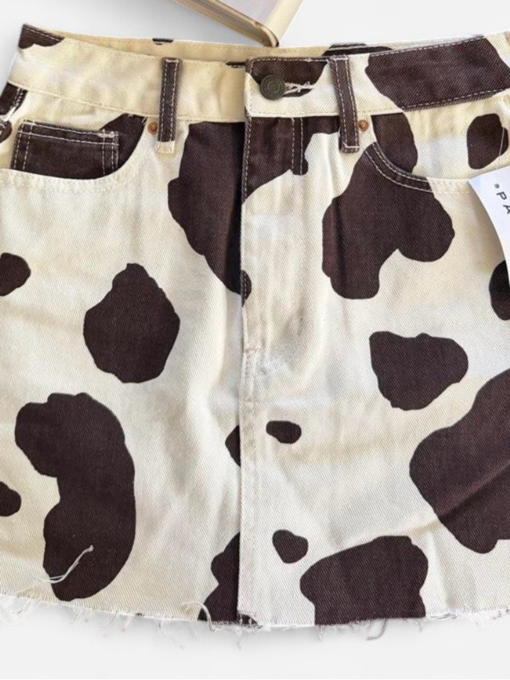 PacSun Cream Denim Mini Skirt with Brown Cow Spot Print